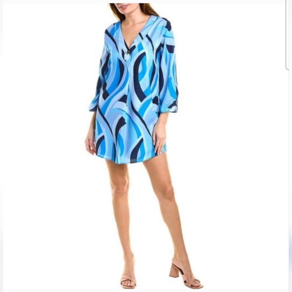 Sail To Sable Swirl Print Stylish Blue Patterned 3/4 Sleeve Dress Medium